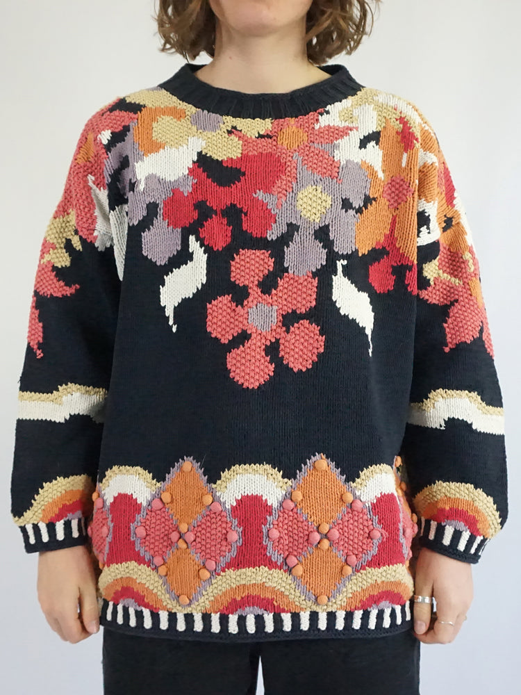 Navy Floral Cotton Jumper - L