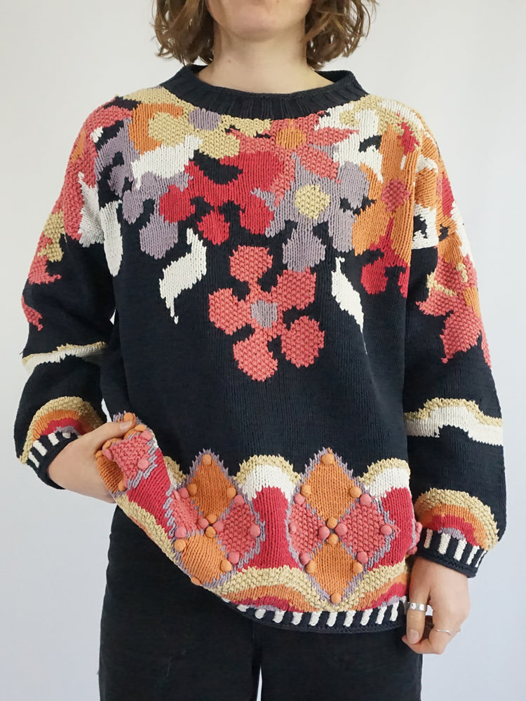 Navy Floral Cotton Jumper - L