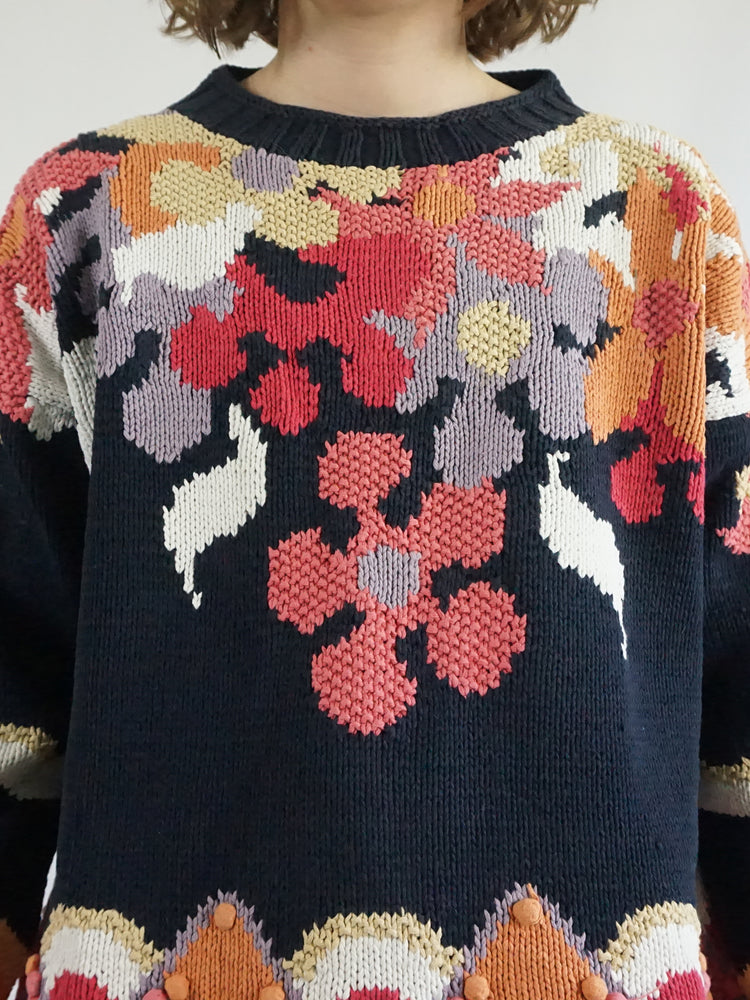 Navy Floral Cotton Jumper - L