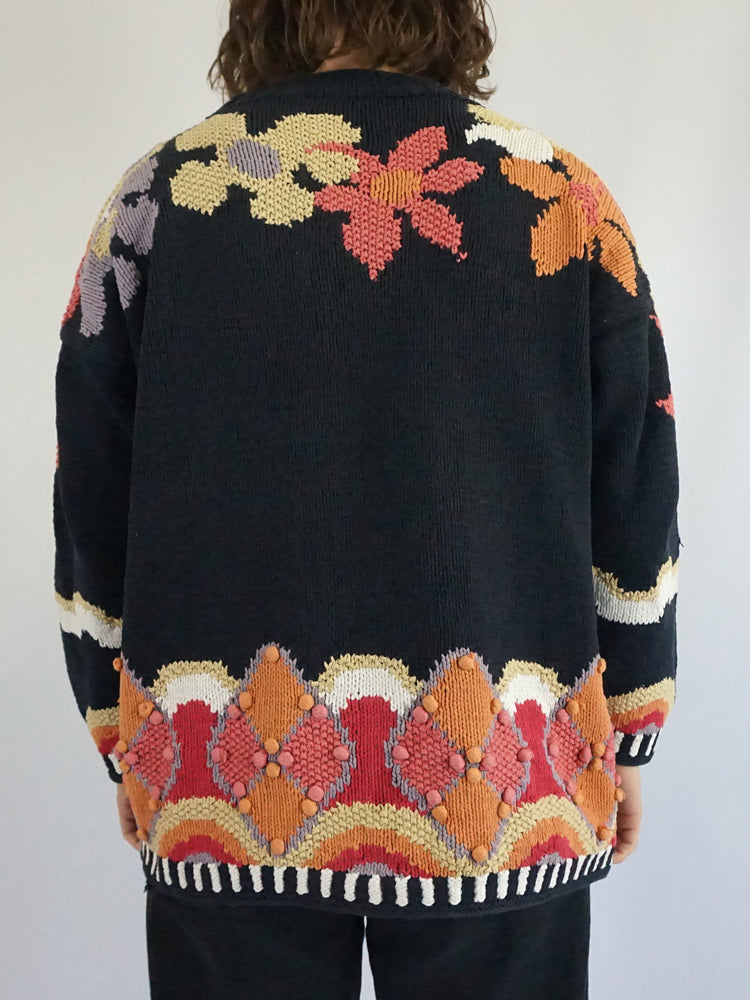 Navy Floral Cotton Jumper - L
