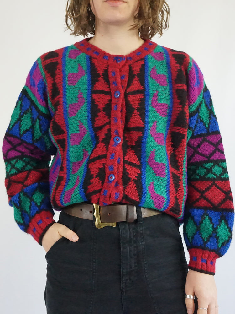 Pure Wool Patterned Cardigan - M