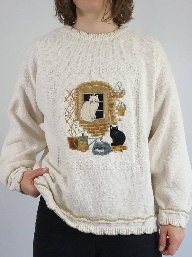 Cat Embroidered Jumper - L
