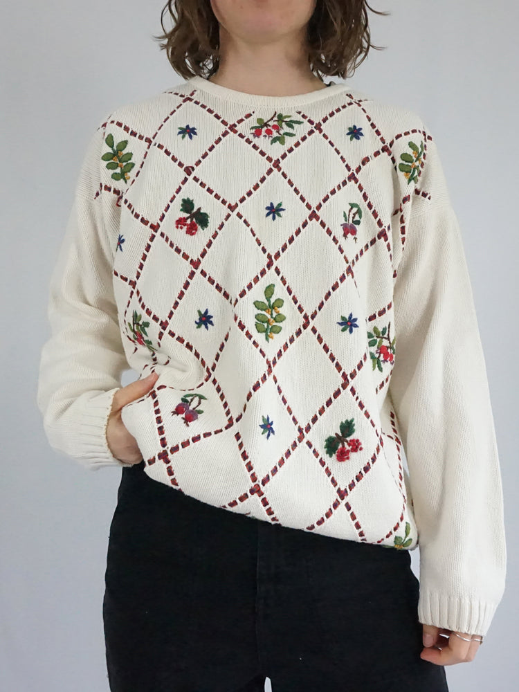 Leaf & Floral Embroidered Jumper - L