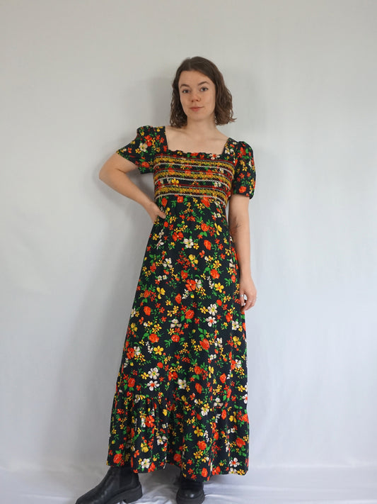 Smocked Floral Maxi Dress - S
