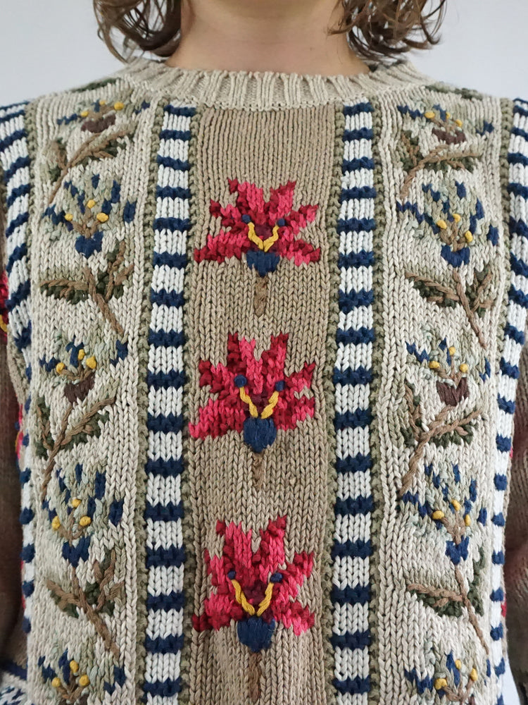 Beige Floral Cotton Jumper - M