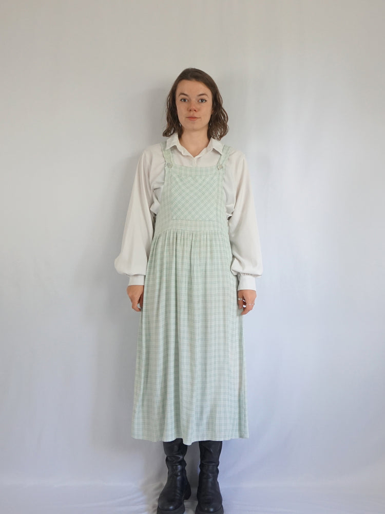 Pastel Green Checkered Pinafore Dress - M