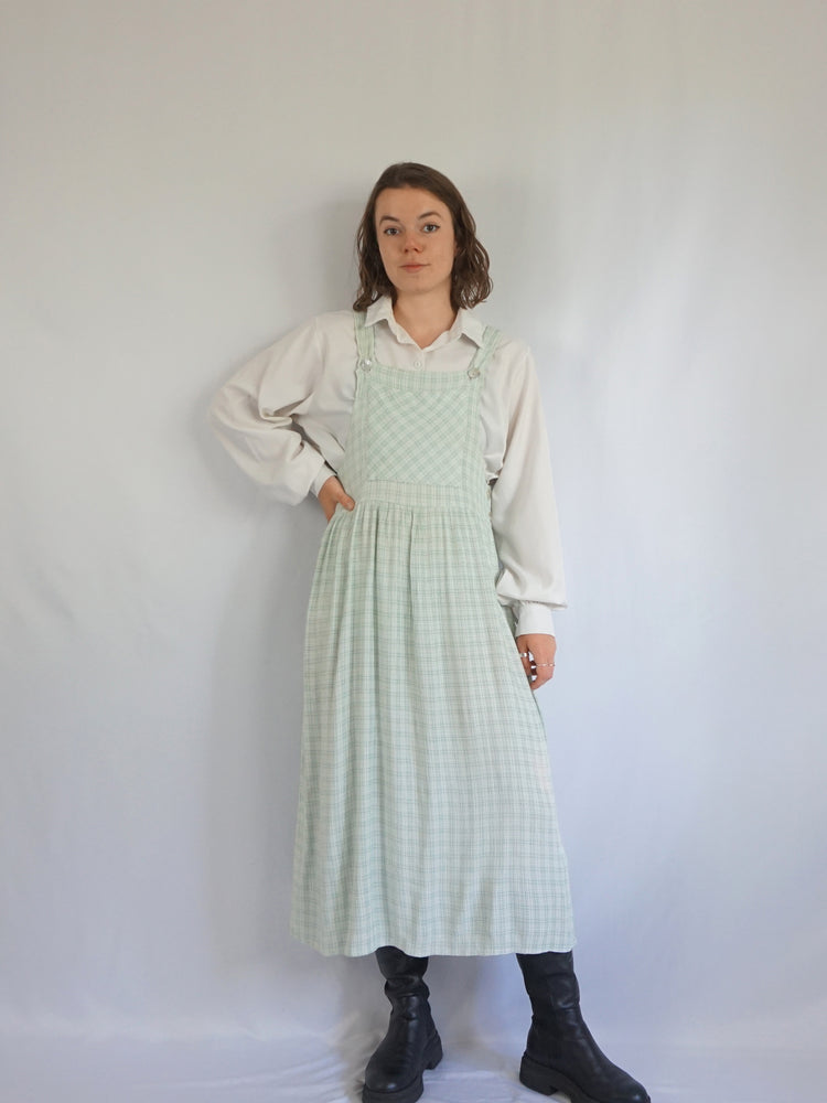 Pastel Green Checkered Pinafore Dress - M
