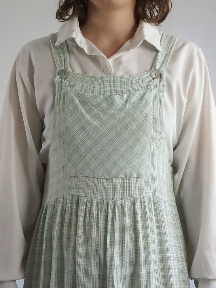 Pastel Green Checkered Pinafore Dress - M