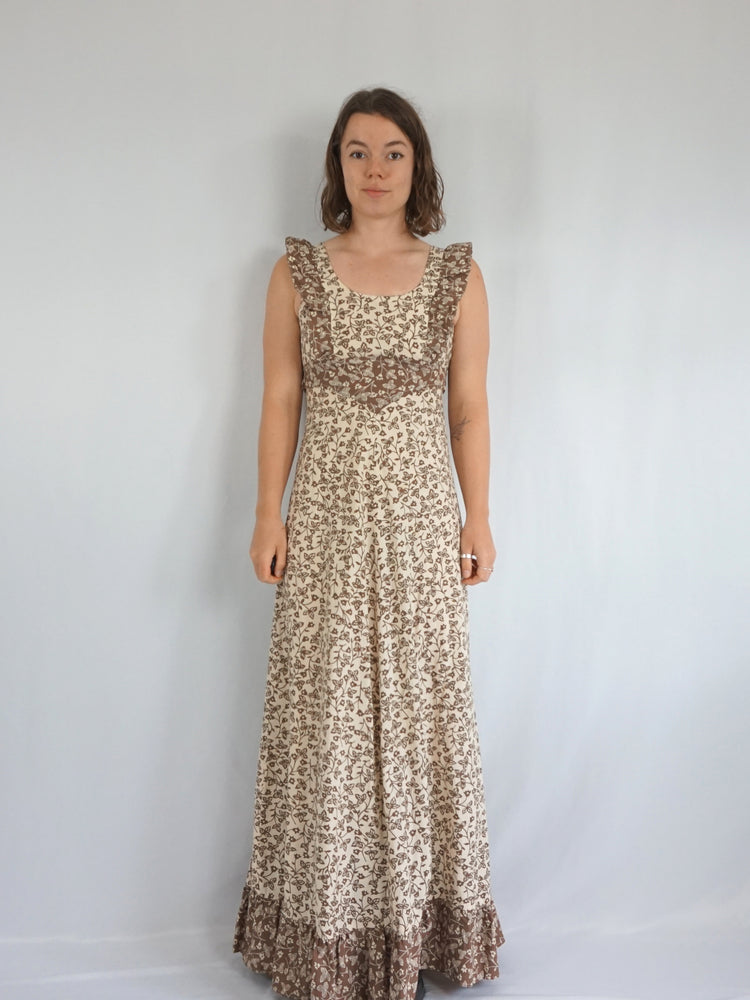 Brown Floral Cotton Maxi Dress - S