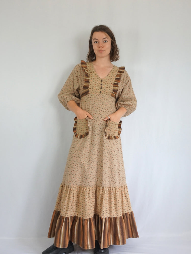 Sand Brown Ditsy Floral Tiered Dress - XS/S