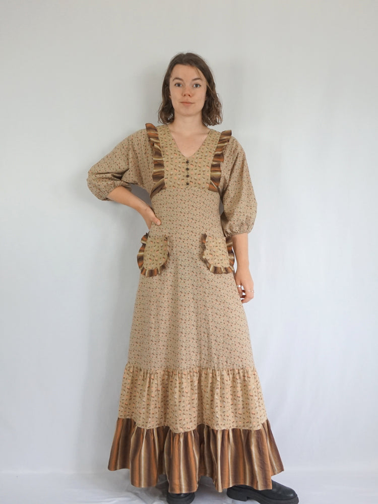 Sand Brown Ditsy Floral Tiered Dress - XS/S