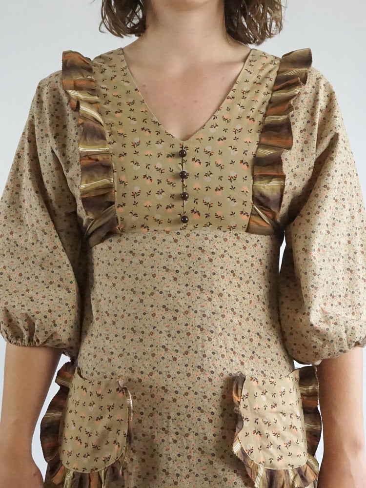 Sand Brown Ditsy Floral Tiered Dress - XS/S