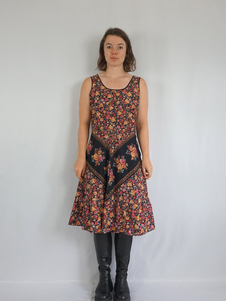 Black Floral Midi Dress - L