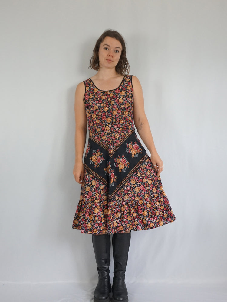 Black Floral Midi Dress - L