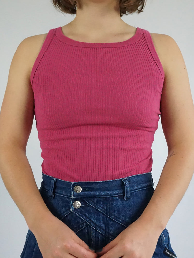Pink Ribbed Vest Top - S
