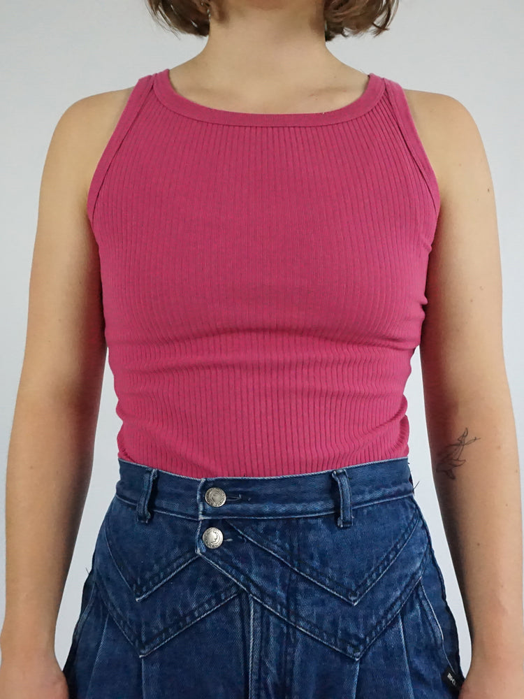 Pink Ribbed Vest Top - S