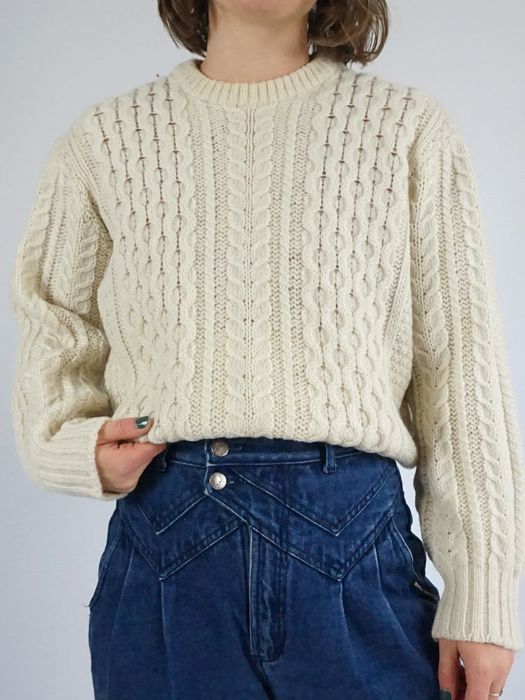 Cream Aran Knitted Jumper - M
