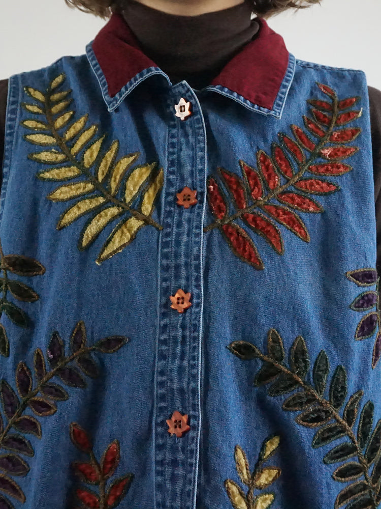 Leaf Embroidered Denim Vest - L