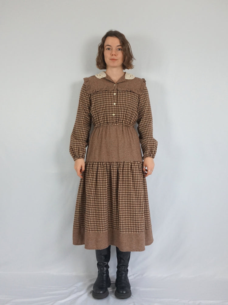 Brown Gingham Wool Dress - S