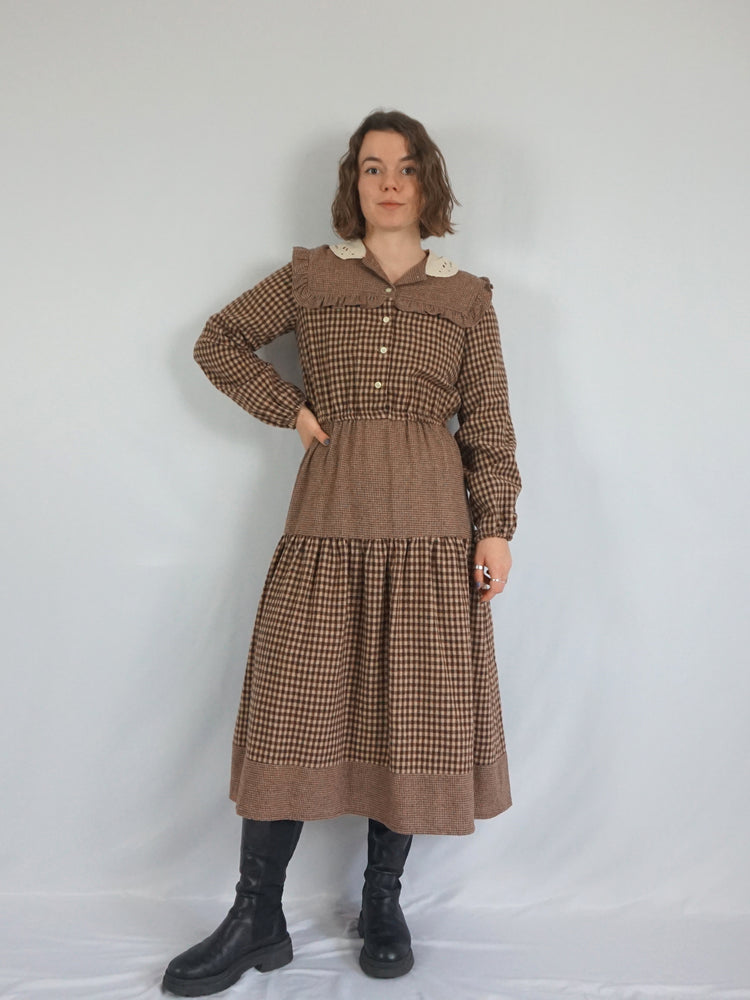 Brown Gingham Wool Dress - S