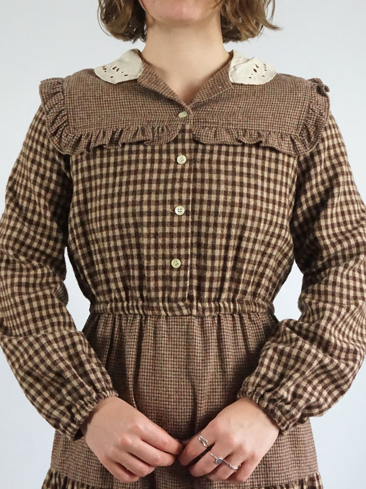 Brown Gingham Wool Dress - S