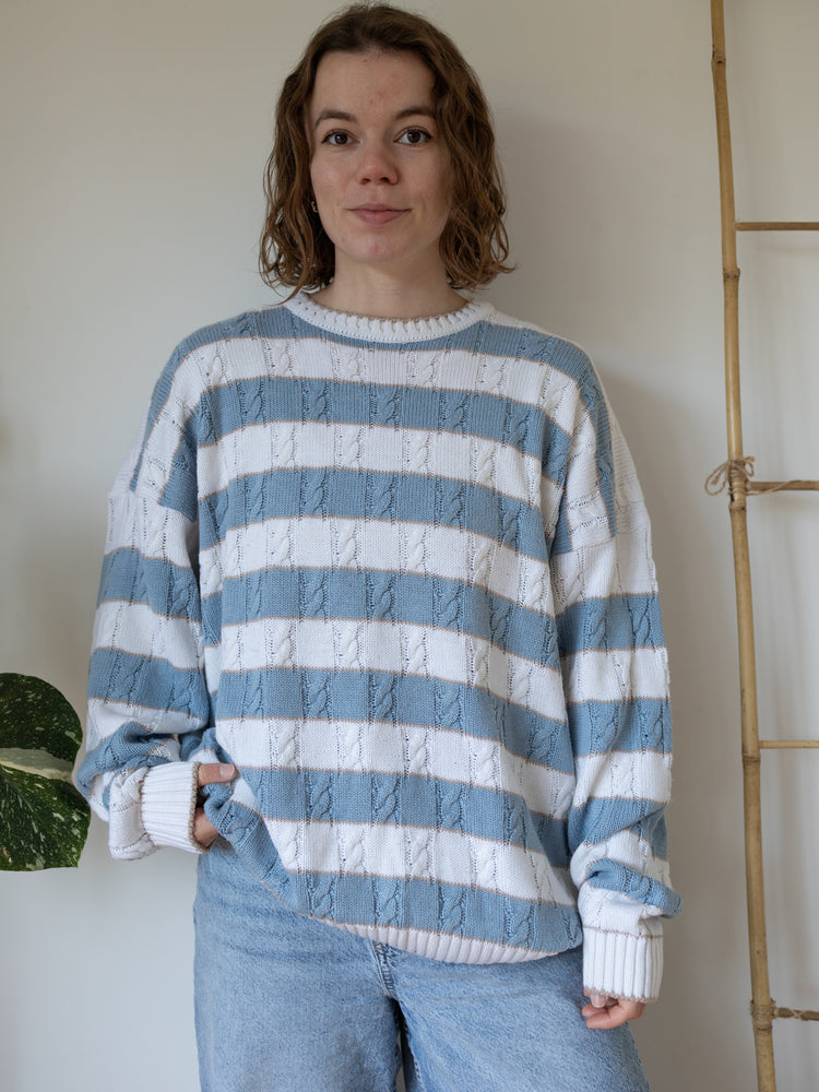80s St Michael Blue Striped Cable Knit Jumper - XL