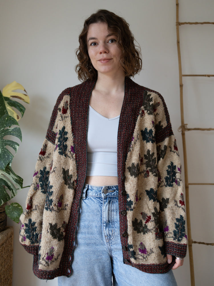 80s Oatmeal Leaf Wool Cardigan - XL
