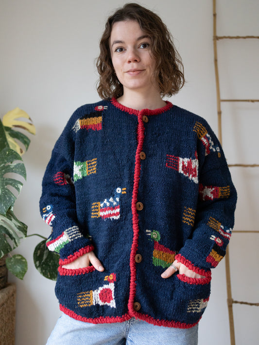 90s Amano Bird and Flags Cardigan - XL
