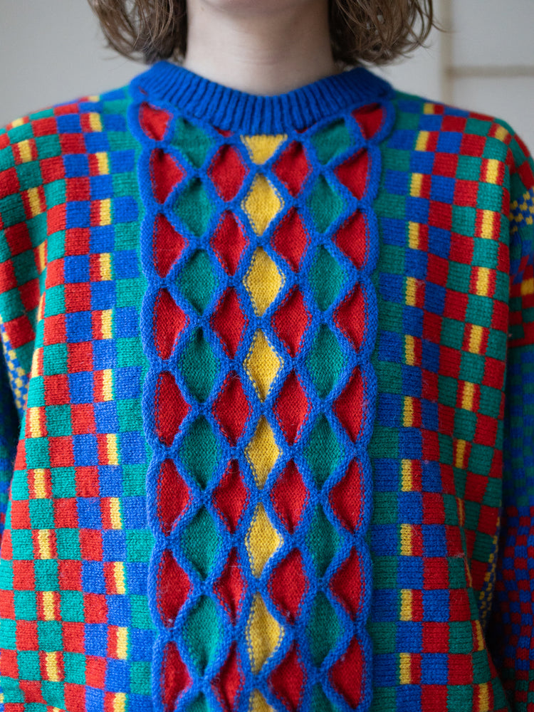 80s Funky Patterned Wool Jumper - L