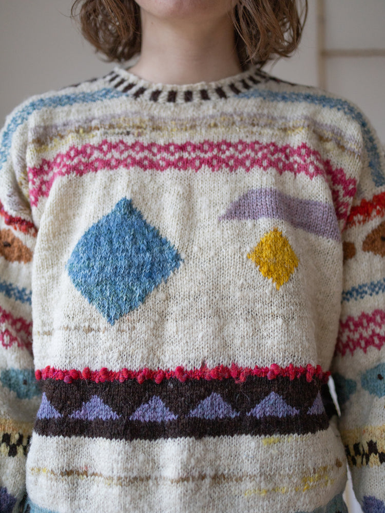 70s Hand Knitted Kaffe Fassett Inspired Jumper - M