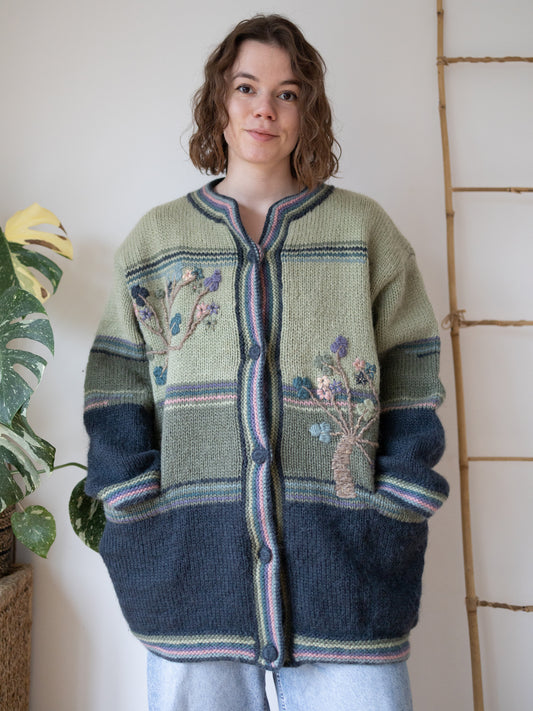 90s Sage Green Tree Embroidered Wool Cardigan - XXL