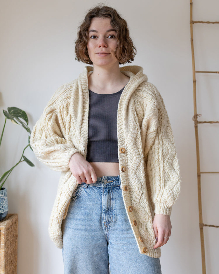 Hooded Aran Cardigan - L