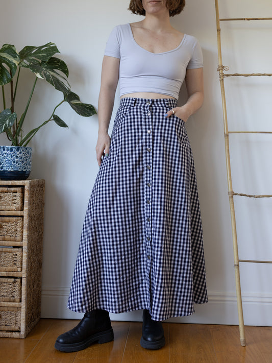 Navy Checkered Maxi Skirt - 28"