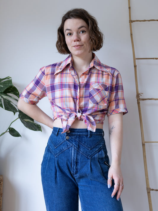 Peach & Purple Plaid Shirt - M