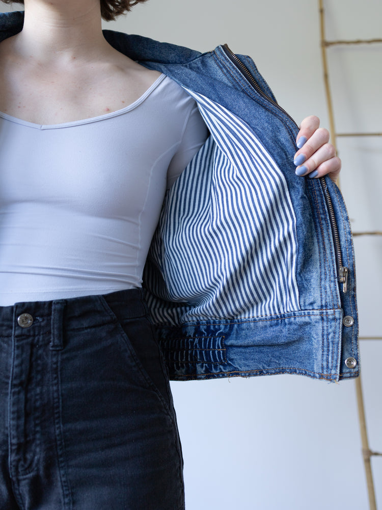 Cropped Denim Bomber Jacket - M/L