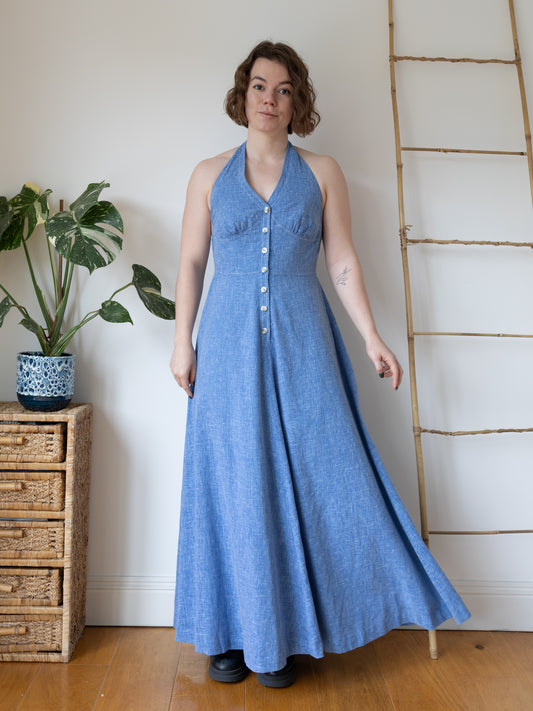 Chambray Cotton Halterneck Dress - S