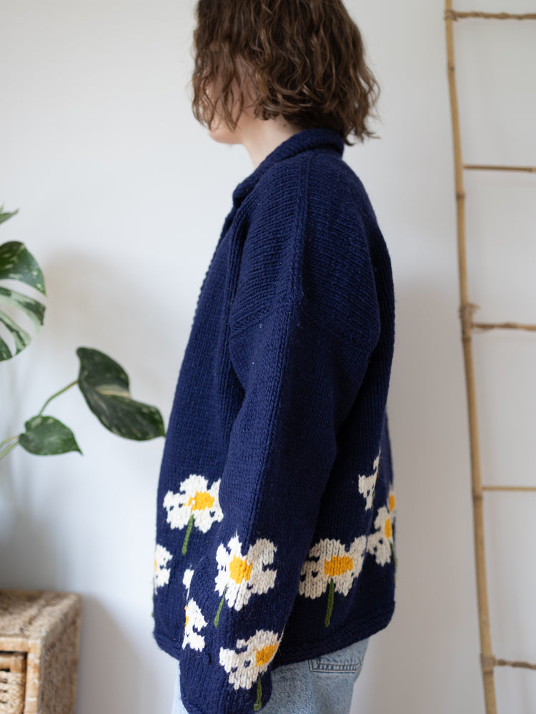 Navy Daisy Wool Cardigan - XL