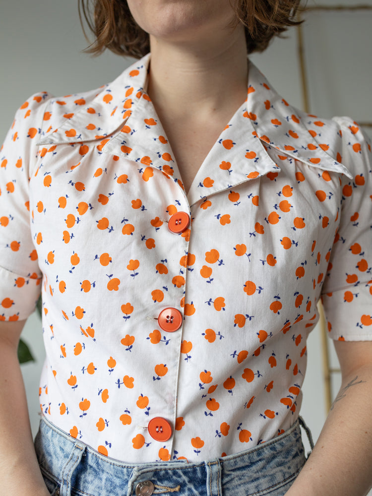 Orange Floral Oversized Collar Shirt - M