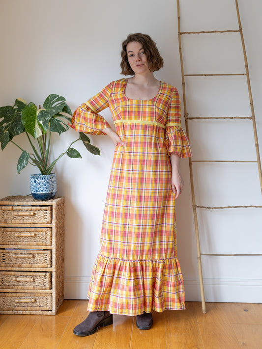 Orange & Yellow Checkered Maxi Dress - M