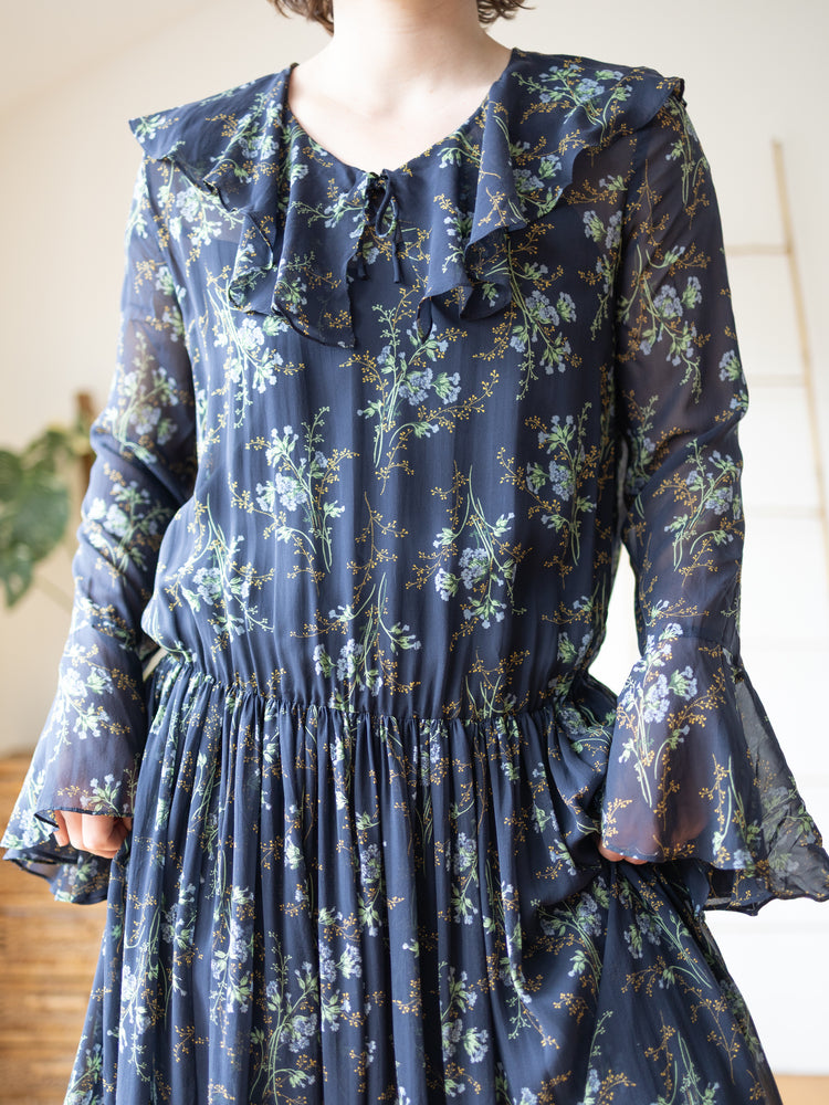 Laura Ashley Navy Floral Silk Chiffon Maxi Dress - M