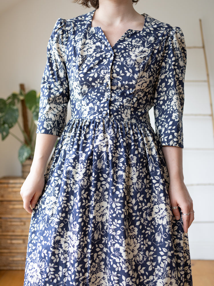 Laura Ashley Navy Floral Midi Dress - M