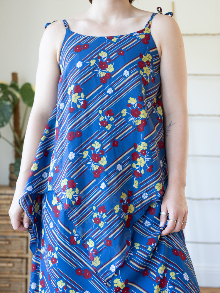70s Dark Blue Floral Maxi Dress - S