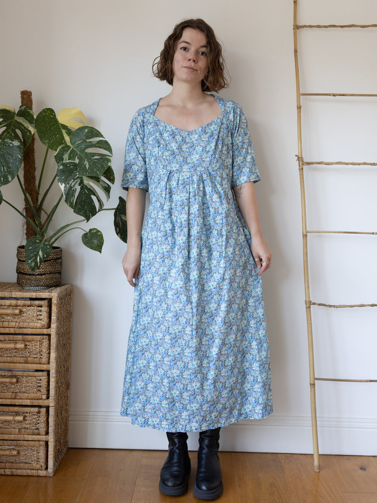 70s Blue Floral Maxi Dress - L