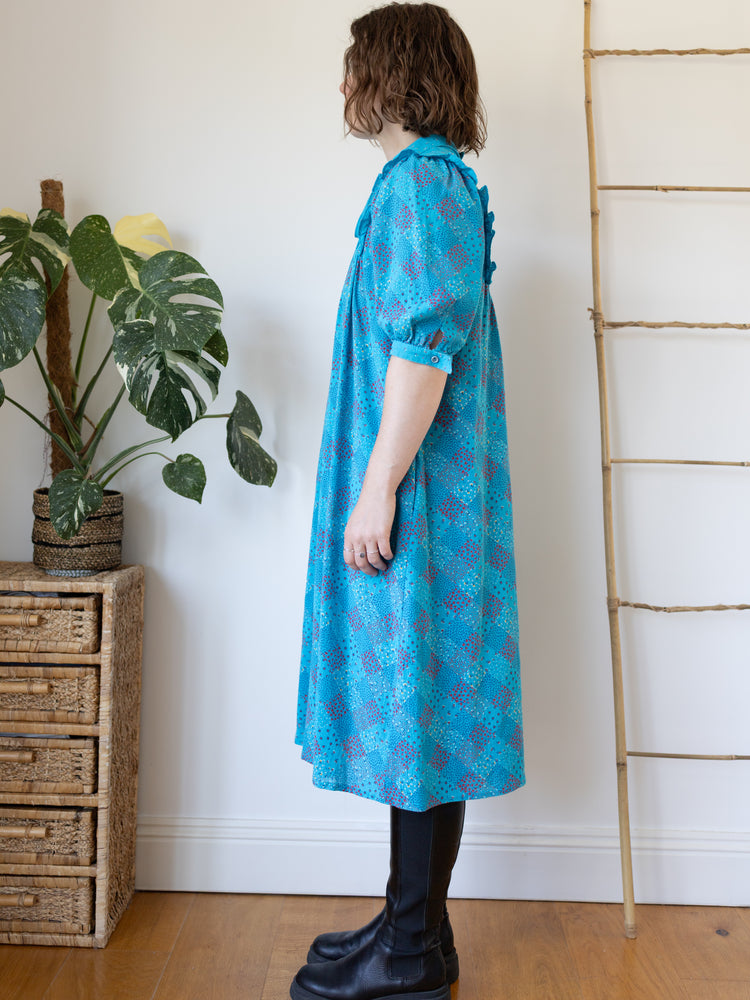 70s Turquoise Ditsy Floral Midi Dress - M