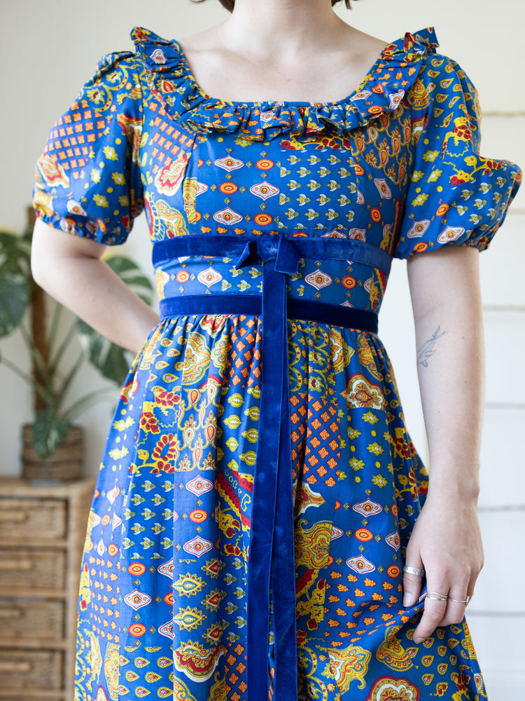 70s Bold Blue Patterned Maxi Dress - S
