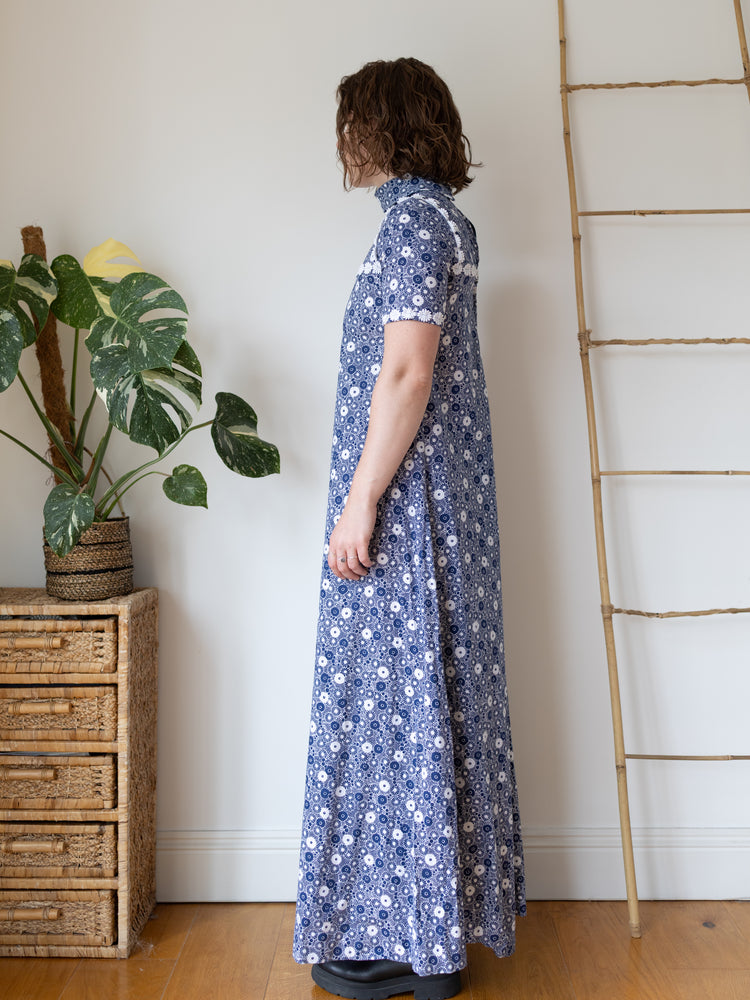 70s Navy Blue & White Floral Maxi Dress - S
