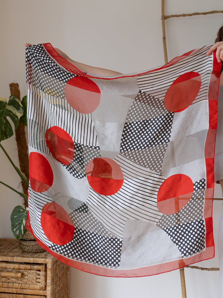 Red, Black & White Geometric Silk Scarf