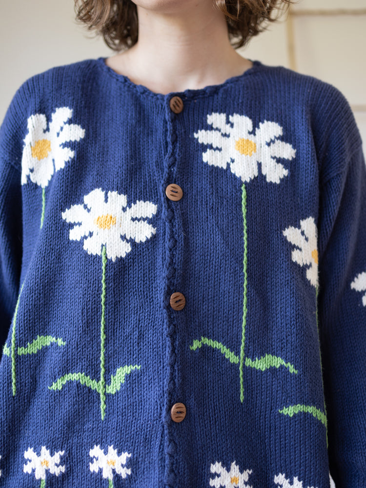 90s Navy Daisy Cotton Cardigan - L