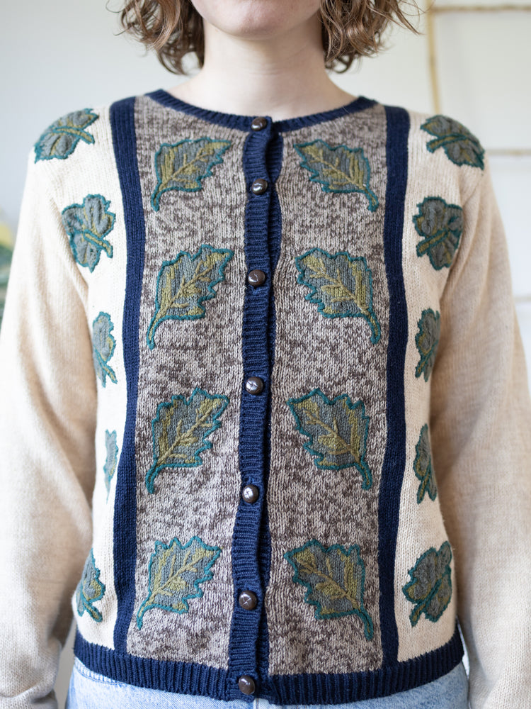 90s Leaf Embroidered Cardigan - S