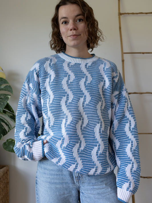 80s Blue & White Patterned Cotton Jumper - L